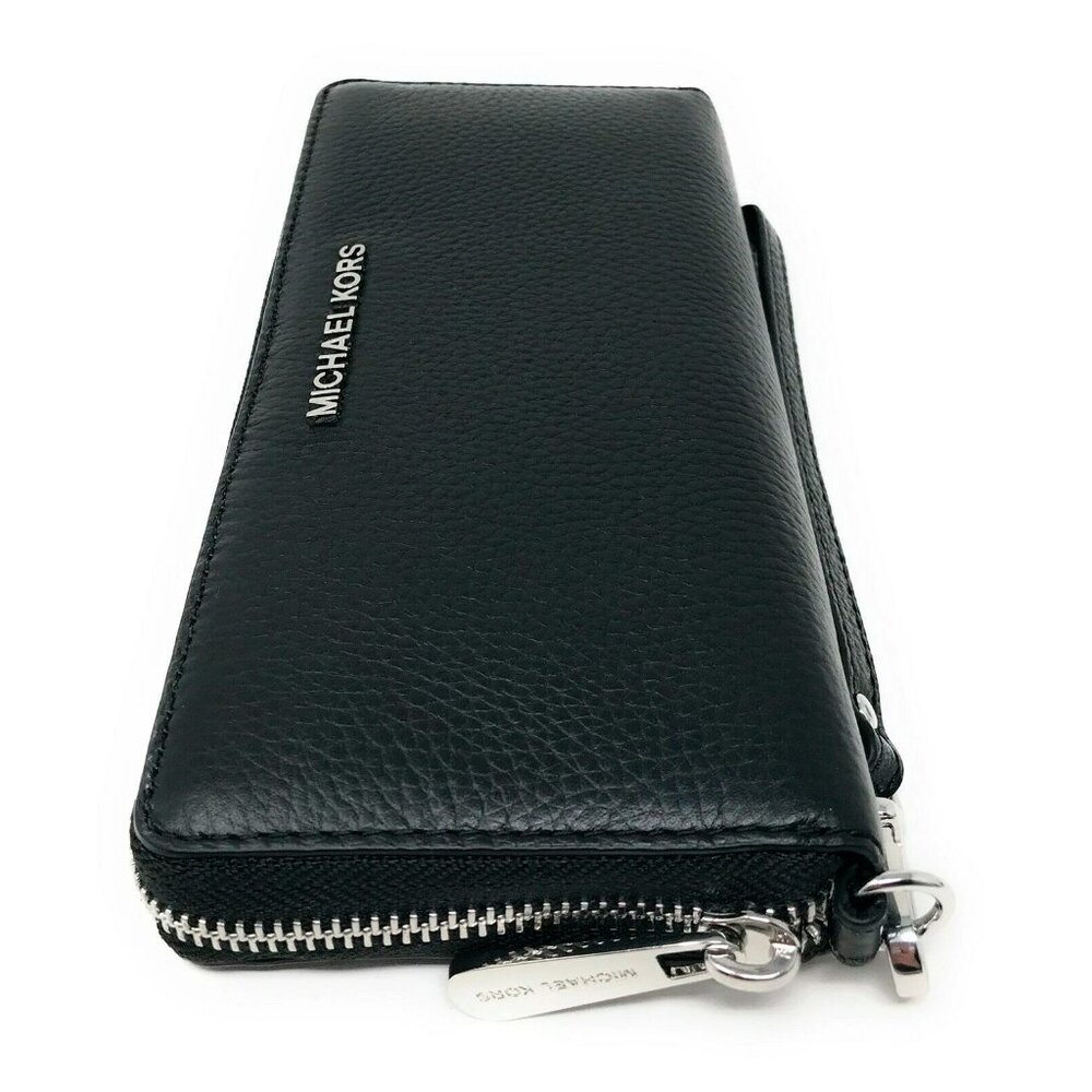 S Michael Kors Continental Wallet Wristlet Black Leather 35T7STVE7L Silver NWT